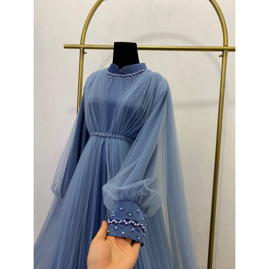 Khadijah Double Tulle Denim Premium | Gaun Pesta | Dress Kondangan | Dress Maternity | dress maternity hijab | gaun maternity