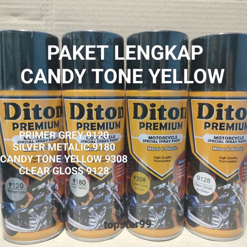 Pilok Cat Diton Premium Paket Lengkap 4 kaleng Candy Yellow Candi Tone Kuning 9308 Primer Grey Epoxy 9120 Silver Metalic 9180 Clear Glossy 9128 400cc Pilox Paketan Cat Semprot Special Spray Paint