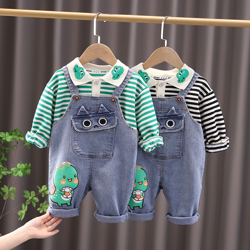 Overall Set BILLIE 2in1 Baju Jumpsuit Jeans dan Kaos Polo Lengan Panjang Anak Laki Laki 2 - 6 tahun Import