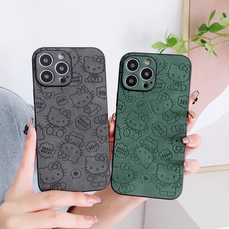 Soft Case Motif Kartun Hello Kitty Warna Hijau Dan Hitam Untuk IPhone 14 13 12 11 Pro X XS Max XR 7 8 Plus SE2020