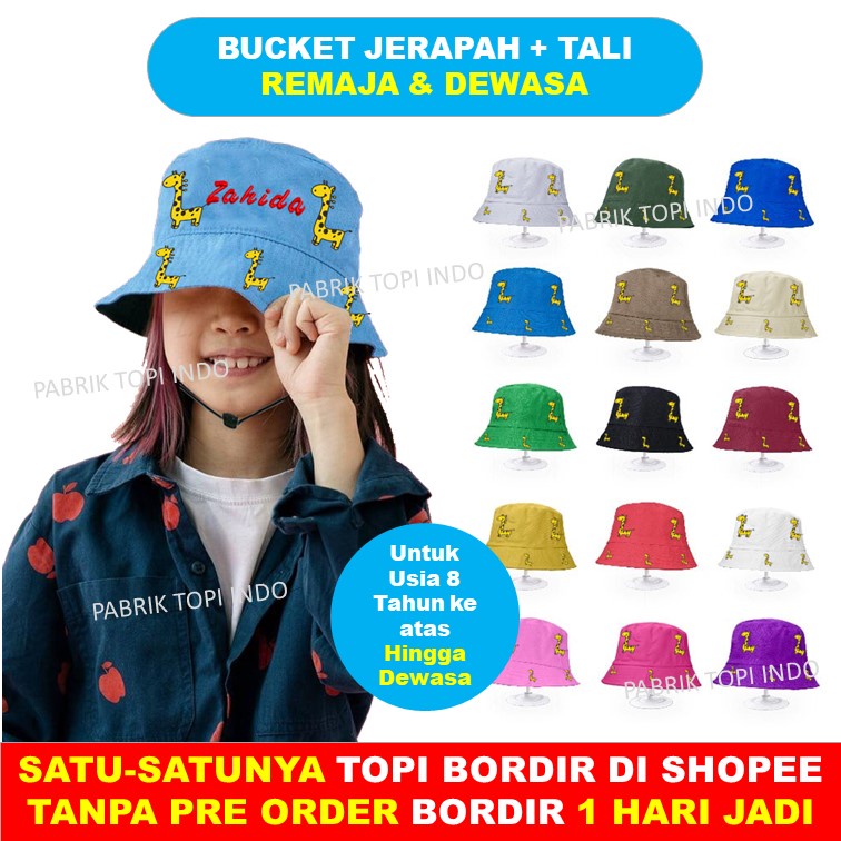 TOPI BUCKET JERAPAH SABLON PAKAI TALI GRATIS BORDIR NAMA UNTUK USIA 7 TAHUN KE ATAS