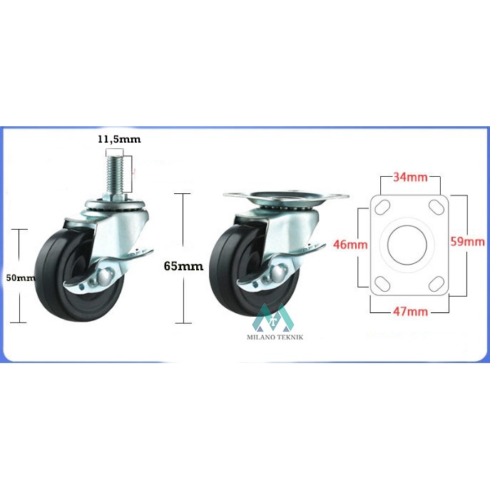 Roda karet 2 inch Plat Screw etalase troli Furniture Caster 2 inch