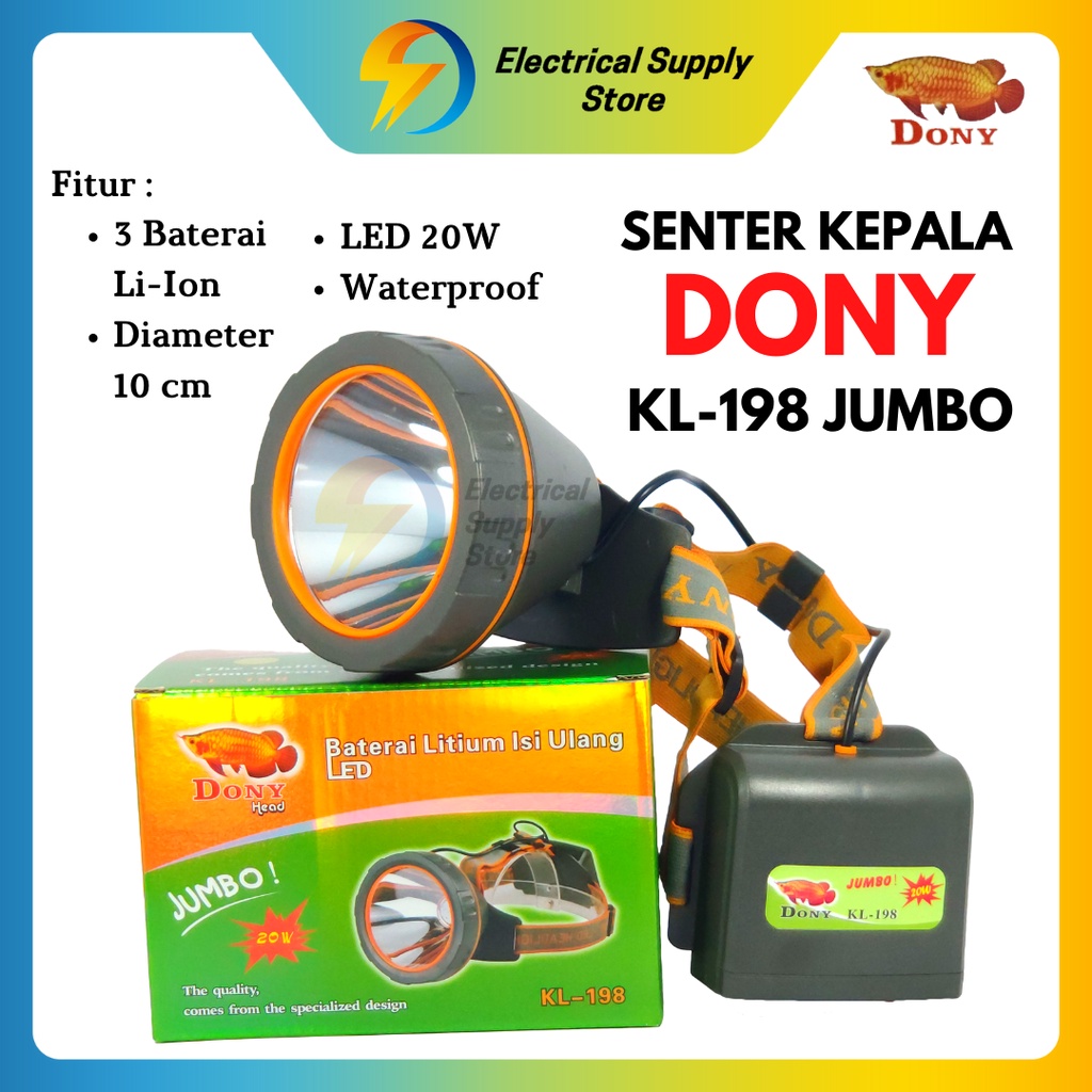 SENTER KEPALA DONY KL-198 | LED 20 W | TERANG | CAHAYA PUTIH &amp; KUNING | UKURAN JUMBO | BATERAI BESAR