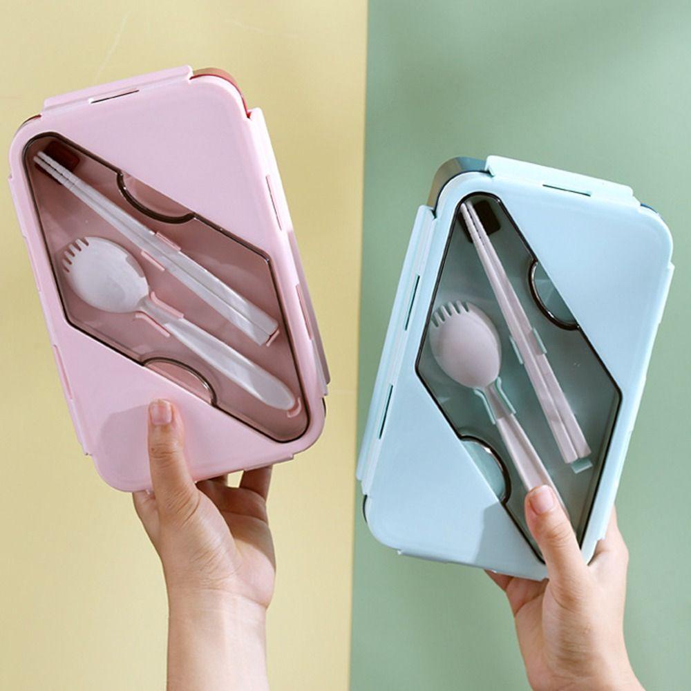 Top Lunch Box Portable Persegi Panjang Grid Dengan Sendok Wadah Makanan