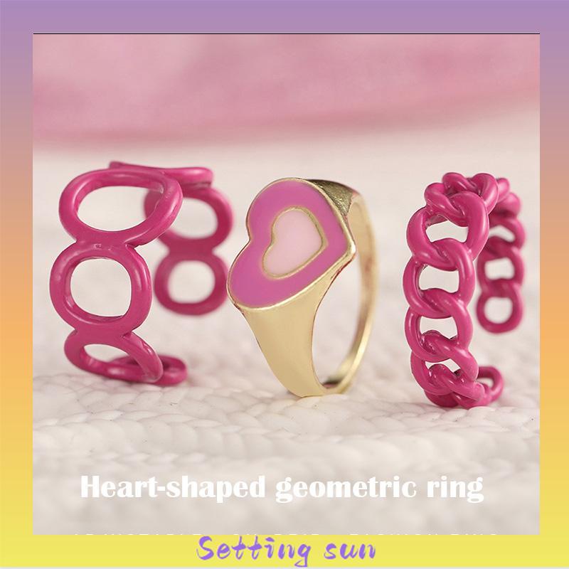 3PCS Heart Geometry Rings Cincin Geometri Jantung Cincin Mode Menetes Minyak yang Dapat Disesuaikan untuk Aksesoris Perhiasan Wanita TN