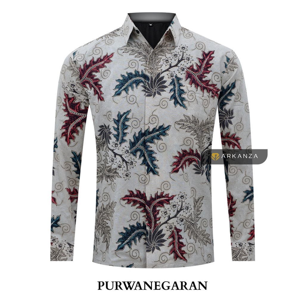 BATIK ARKANZA Kemeja Batik Laki Laki Warna Putih Lengan Panjang Slimfit Premium Casual Formal