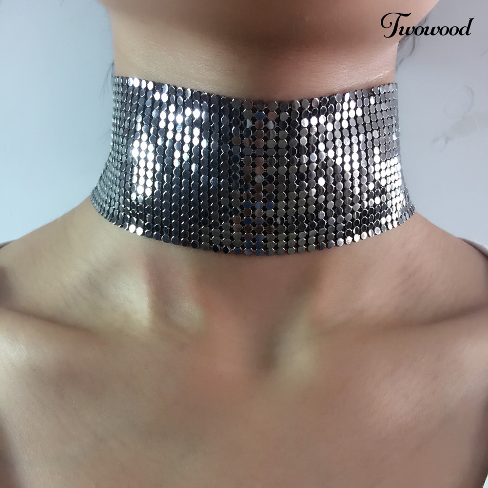 Kalung Choker Model Lebar Bahan Mesh Aksen Payet Gaya Punk Untuk Wanita