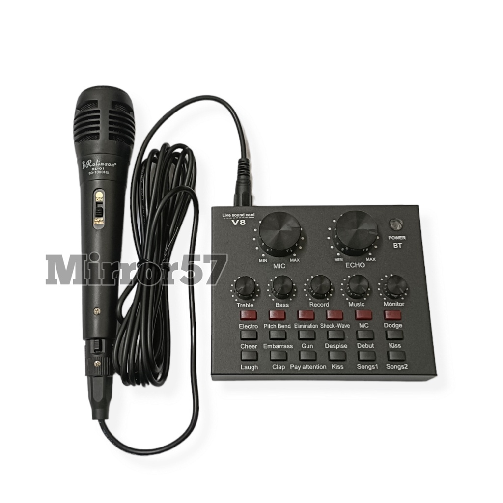 Satu Paket Alat Karaoke Mixer Mini Soundcard V8 &amp; 2 Mic Gratis Spliter