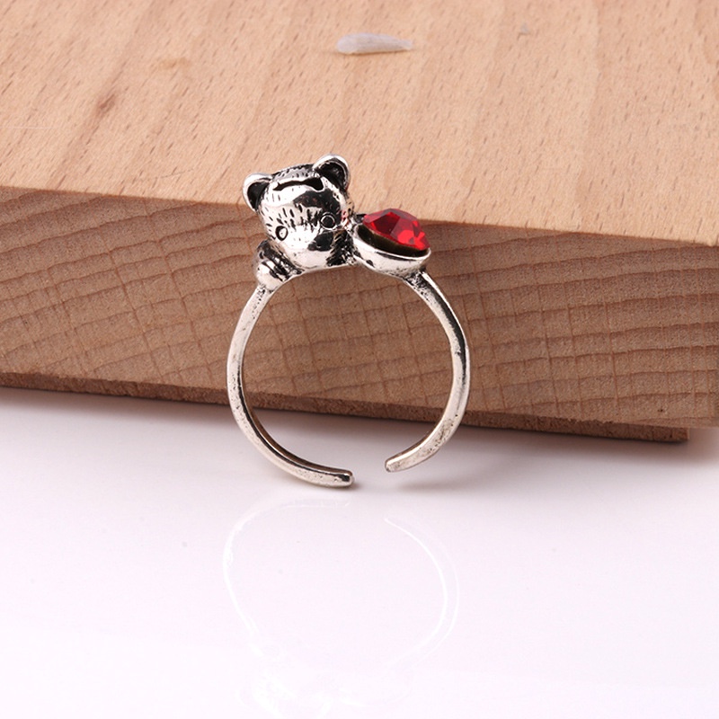 Cincin Model Terbuka Desain Kucing Aksen zircon Merah Gaya Korea retro Untuk Pasangan