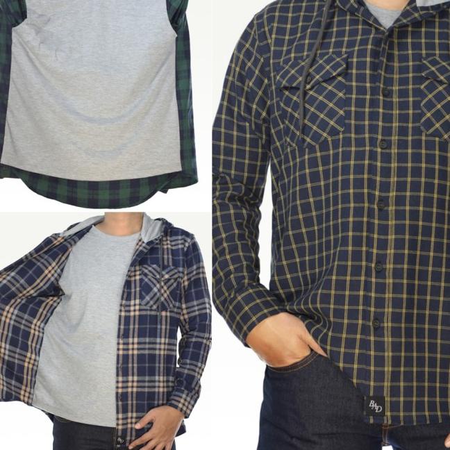 Kemeja Flanel Kaos 2in1 Big Size Jumbo Hem Kotak Casual Kerja Hoodie - Putih, 4XL
