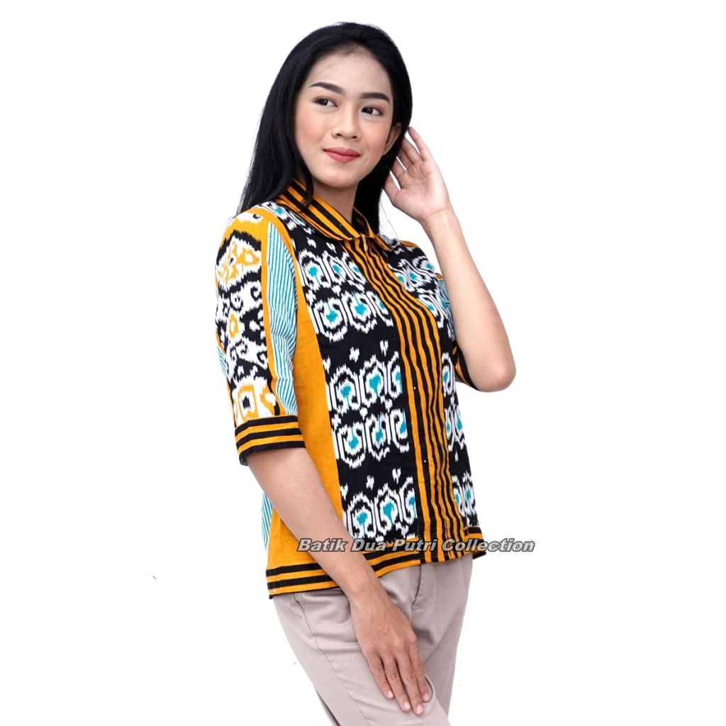 Batik Wanita Blouse Atasan Modern Lengan 3/4 Warna Kuning Bergaris Batik Dua Putri Collection