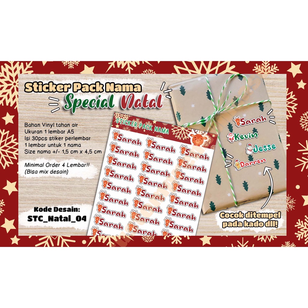 

STIKER PACK NAMA SPECIAL NATAL / Stiker Nama Tema Natal / Sticker Label Nama Desain Karakter Natal / Christmas Theme Stickers / isi 30pcs per-A5