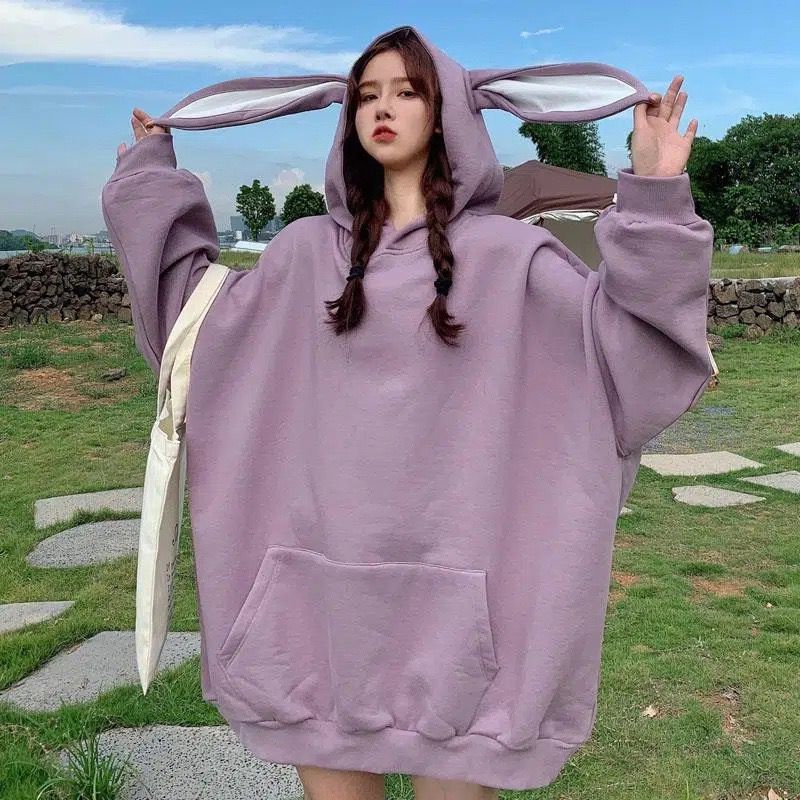 [littlecrab] Hoodie Oversize Telinga Kelinci Panjang Long Rabbit Ears Hoodie Unik Viral Polos Berkualitas Sweater Bertopi Lucu Sweatshirt Couple Unisex Bunny Korean Style