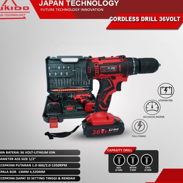 Yukido 36V Impact Cordless Drill Mesin Bor Baterai 36Volt