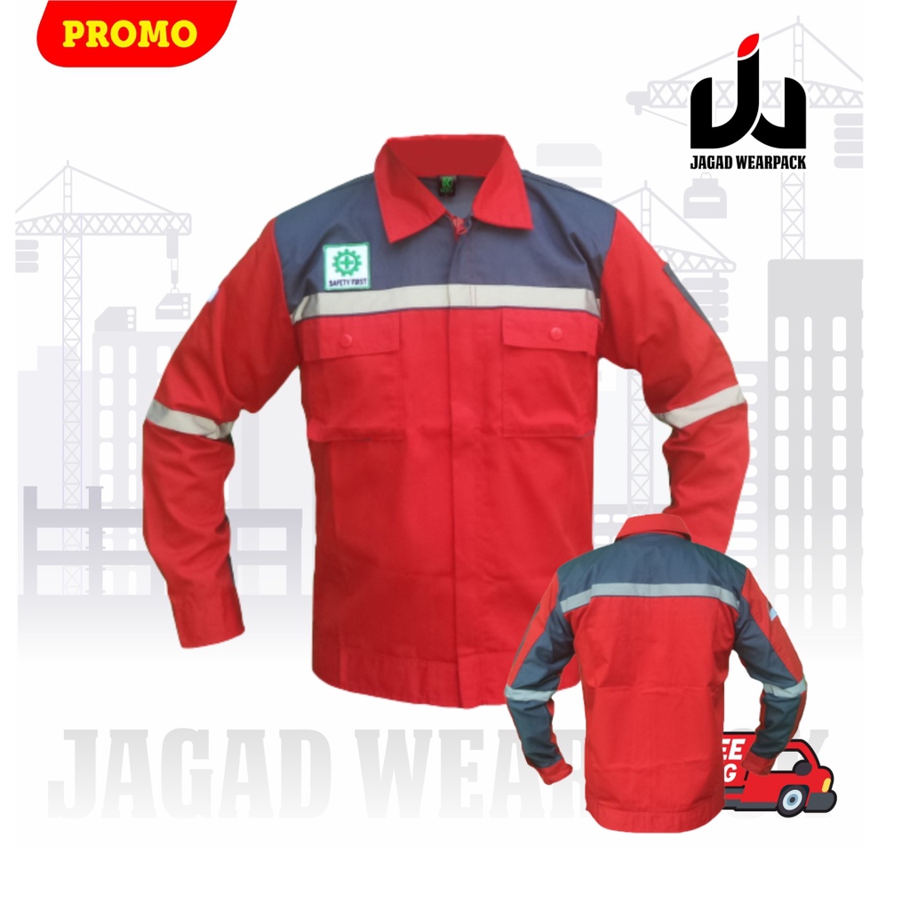 Wearpack Safety Katelpak Atasan Kemeja Kerja Potongan Lengan Panjang Baju Kerja MERAH ABU