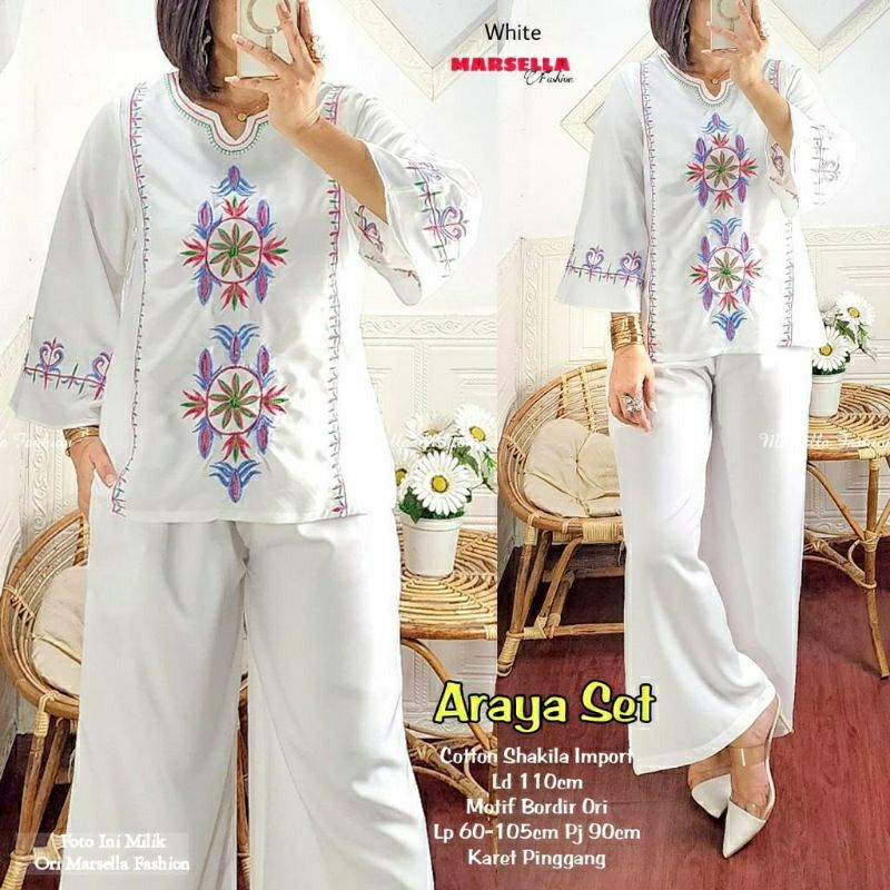 Araya Set, SETELAN WANITA MUSLIM CANTIK MODIS FIT XL LD 104 BAHAN KATUN SHAKILA IMPORT MIX BORDIR TERMURAH