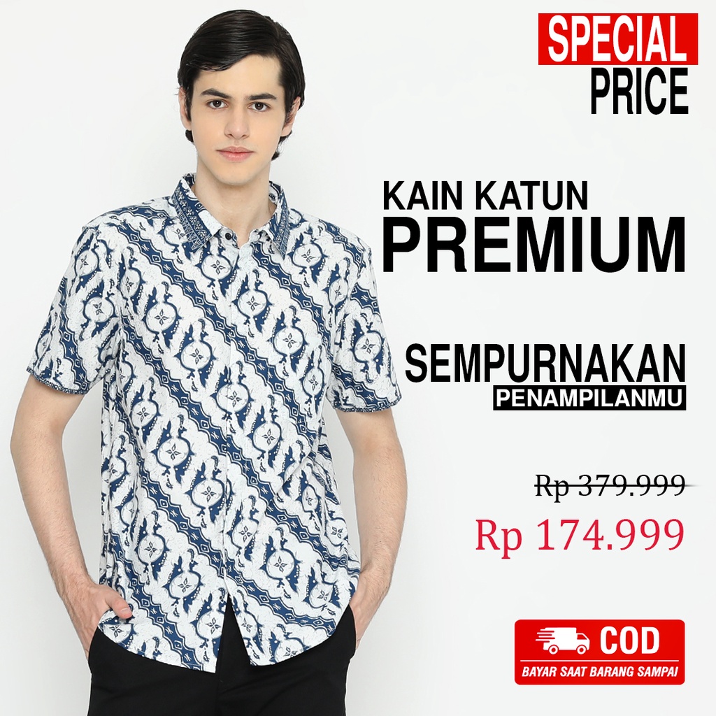 KEMEJA BATIK PRIA Lengan Pendek Motif Lereng Putih Biru 727516 Cap 72 - Baju Kemeja Atasan Pakaian Setelan Batik Pria Cowok Laki Laki Remaja Keluarga Kantor Lengan Pendek Modern Slimfit Slim Fit Premium Kekinian