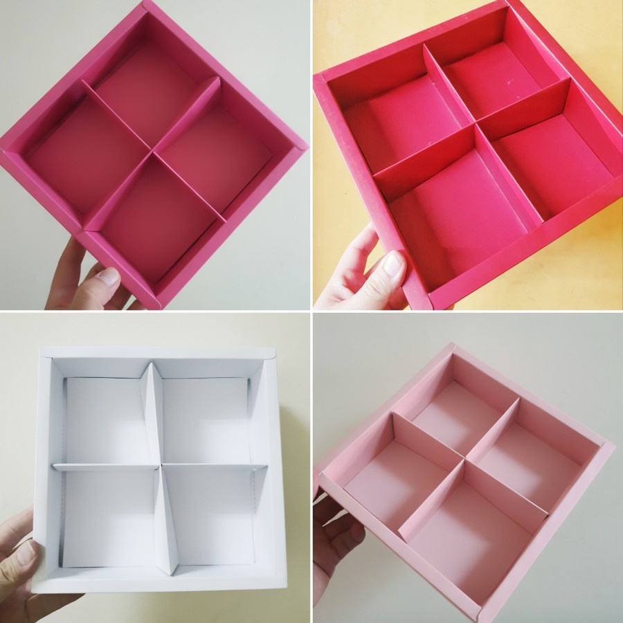 

( 5pcs ) Box Eggtart Fruit Pie Kue Soes Mooncake uk. 8.5 x 8.5 x 5 cm Sekat 4 Varian Warna Merah Putih Pink tutup Mika Polos Transparan Dus Packaging Hampers Parcel