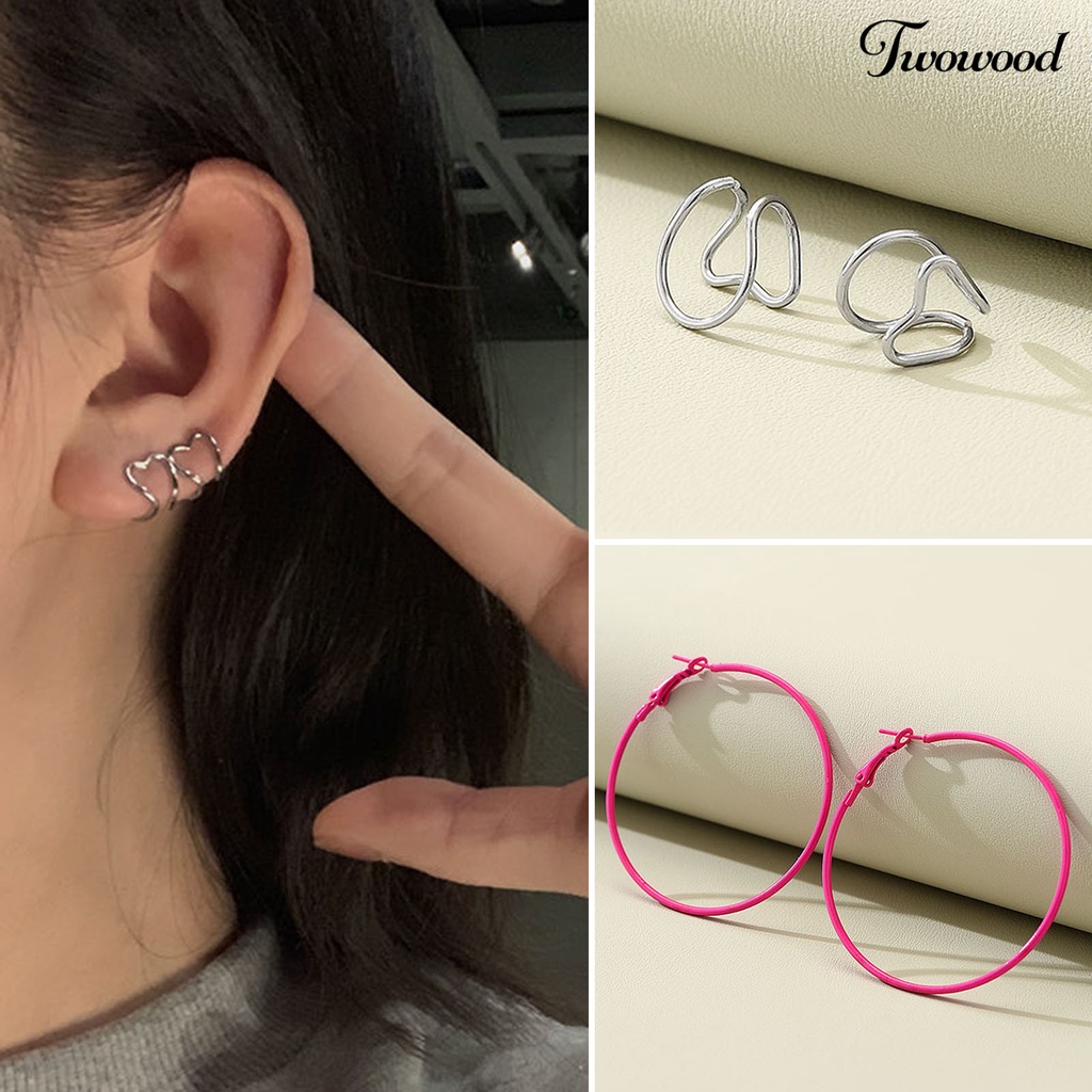 1 Pasang Anting Klip Bentuk Bulat Geometris Anti Pudar Untuk Wanita