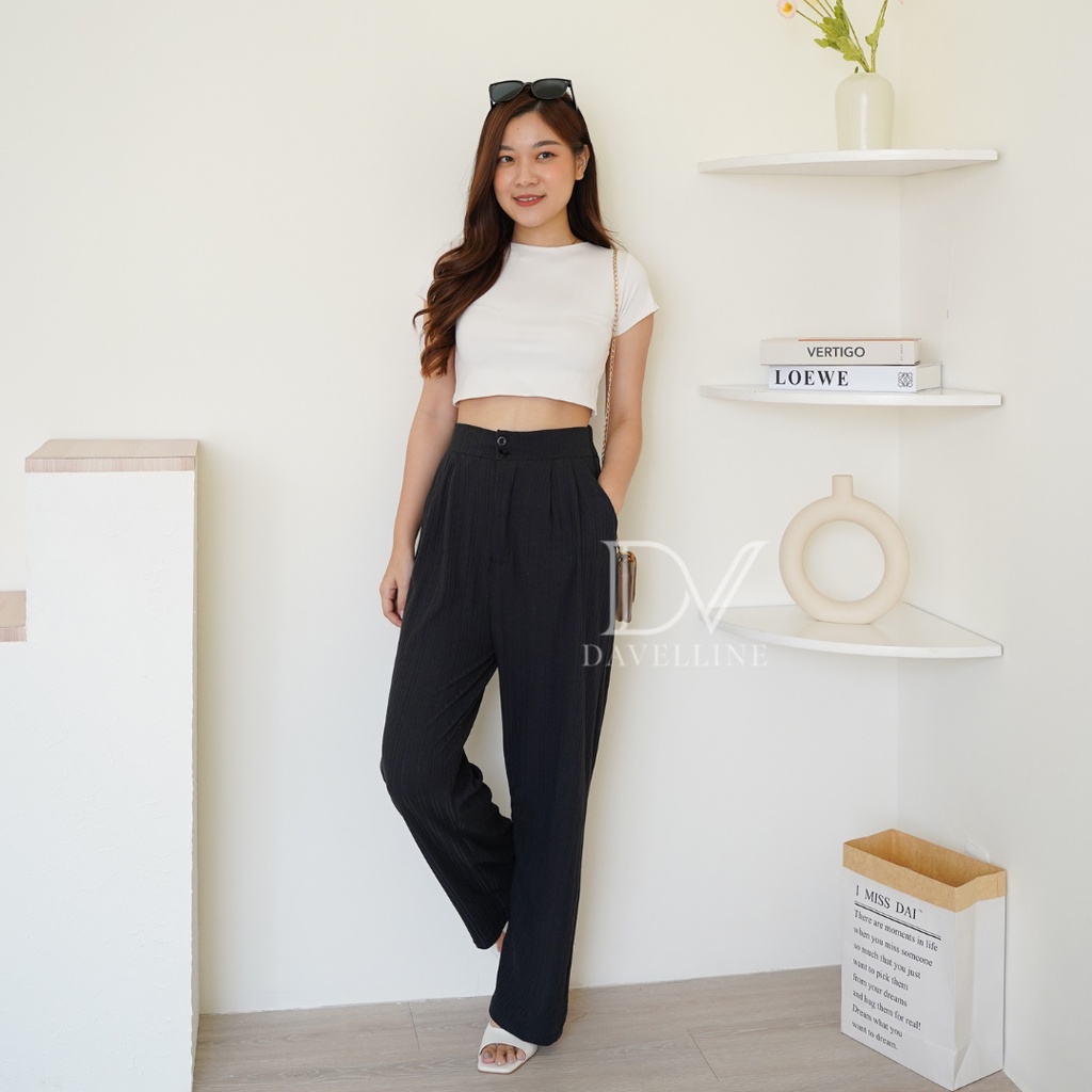 Davelline • Jisoo Knit Pants • Celana Knit pocket berkualitas • celana knit pants