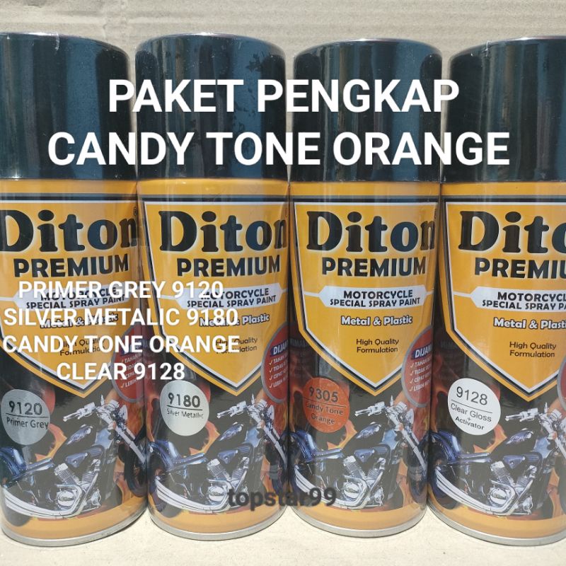 Pilok Cat Diton Premium Paket Lengkap 4 kaleng Candy Orange Candi Tone Oren 9305 Primer Grey Epoxy 9120 Silver Metalic 9180 Clear Glossy 9128 400cc Pilox Paketan Cat Semprot Special Spray Paint