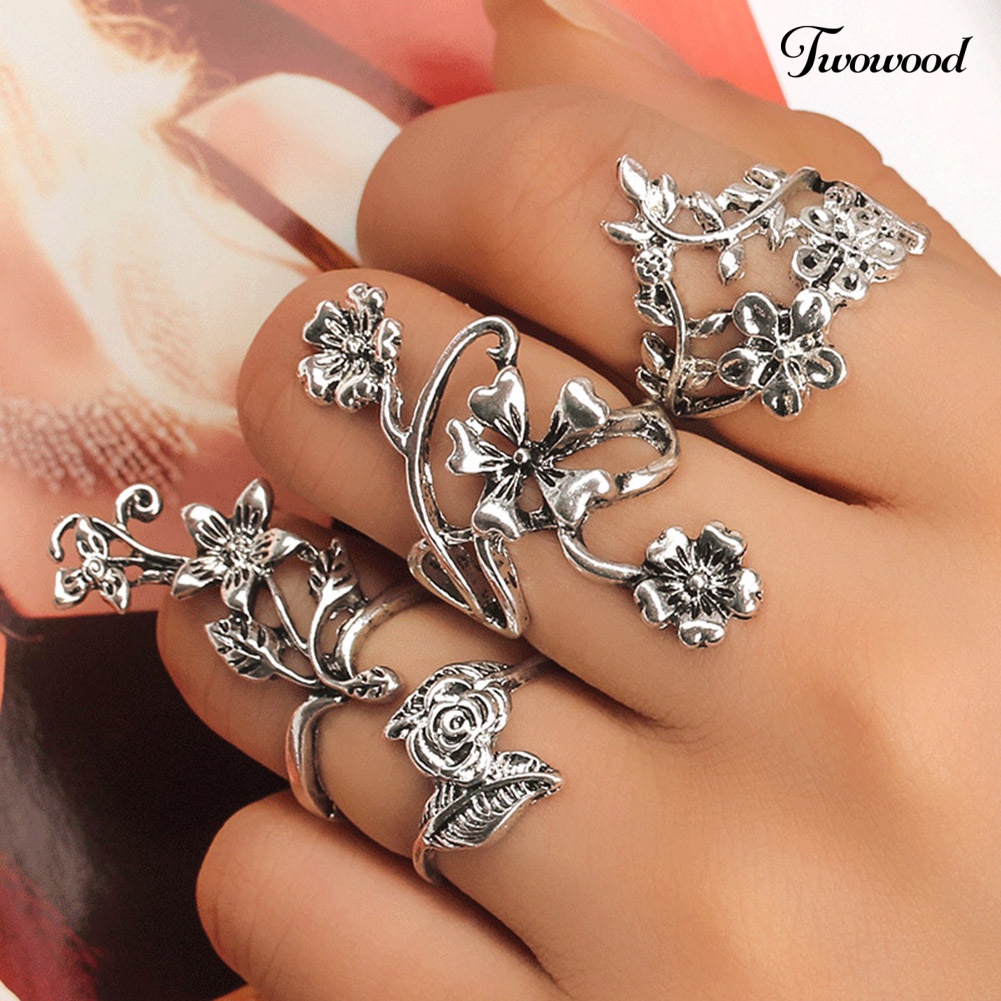 4pcs / Set Cincin Knuckle Midi Desain Bunga Daun Gaya Vintage Untuk Wanita