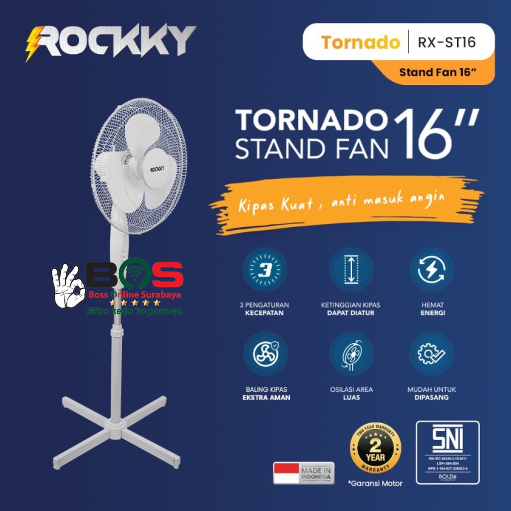 Kipas Angin Kaki Silang Rockky 16 Inch Stand Fan Tornado Rocky RX-ST16 Stand Fan Rockky