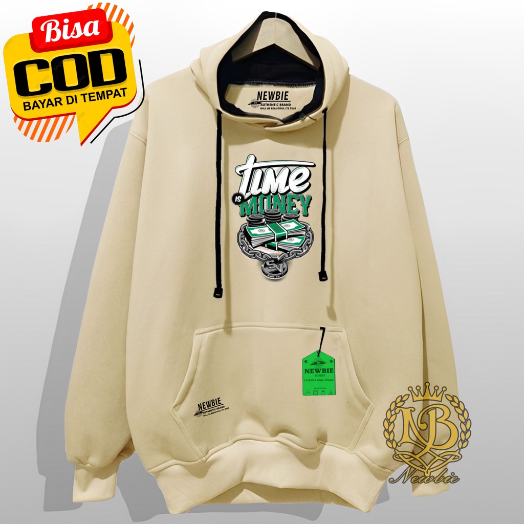 Sweater Hodie Pria Distro Newbie Authentic Hoodie Oversize Cowok Cewek Warna Cream Time MoneyTerlaris Suiter Hudie