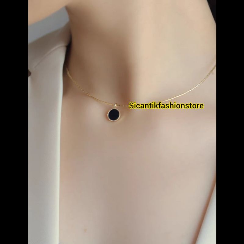 Kalung Titanium Wanita Trending Liontin Bulat Hitam Asli Titanium Anti Karat Selamanya Kalung Titanium Fashion Style Wanita Korea