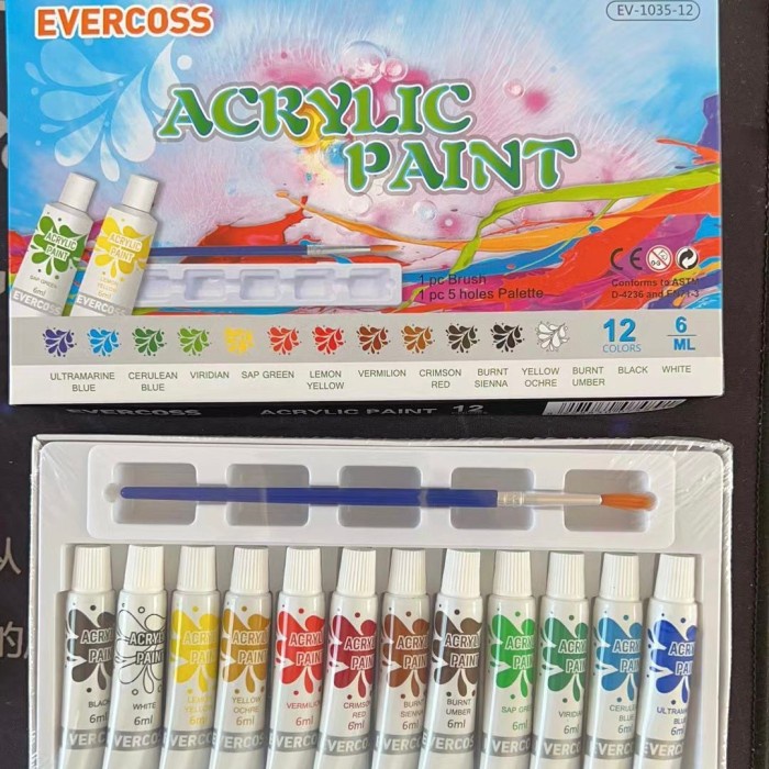 

CAT AKRILIK ACRYLIC PAINT MURAH + PALET DAN KUAS 12 WARNA 6ML