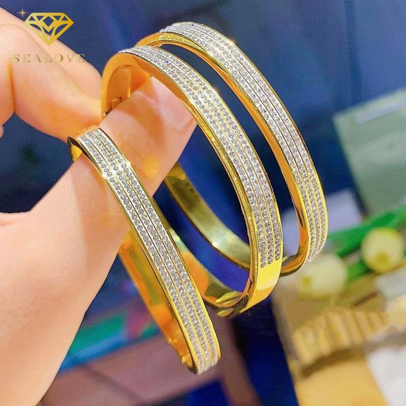 Gelang Titanium lapis emas 18k ANTI KARAT perhiasan 3Baris permata berlian hadiah wanita mewah