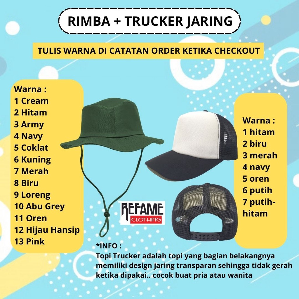 Paket Topi Rimba Hat Tali dengan Topi Baseball Polos Zumba Trucker Jaring Komando Pria Wanita Premium