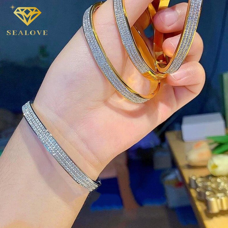 Gelang Titanium lapis emas 18k ANTI KARAT perhiasan 3Baris permata berlian hadiah wanita mewah