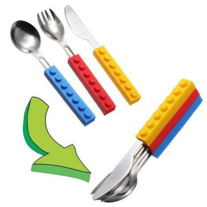 SENDOK MAKAN SET ANAK 3 IN 1 (SENDOK,GARPU,PISAU) BRICKS BISA DITUMPUK