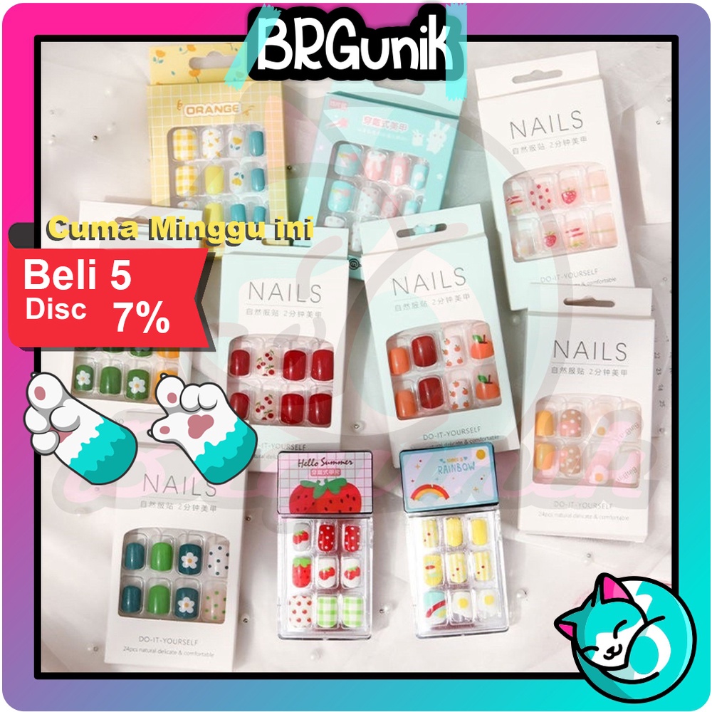 BRGUNIK 24 Pcs Kuku Palsu Dan Lem Fake Nail Art 3d Kuku Palsu Tahan Air 24 Pcs Kotak Free Lem R474