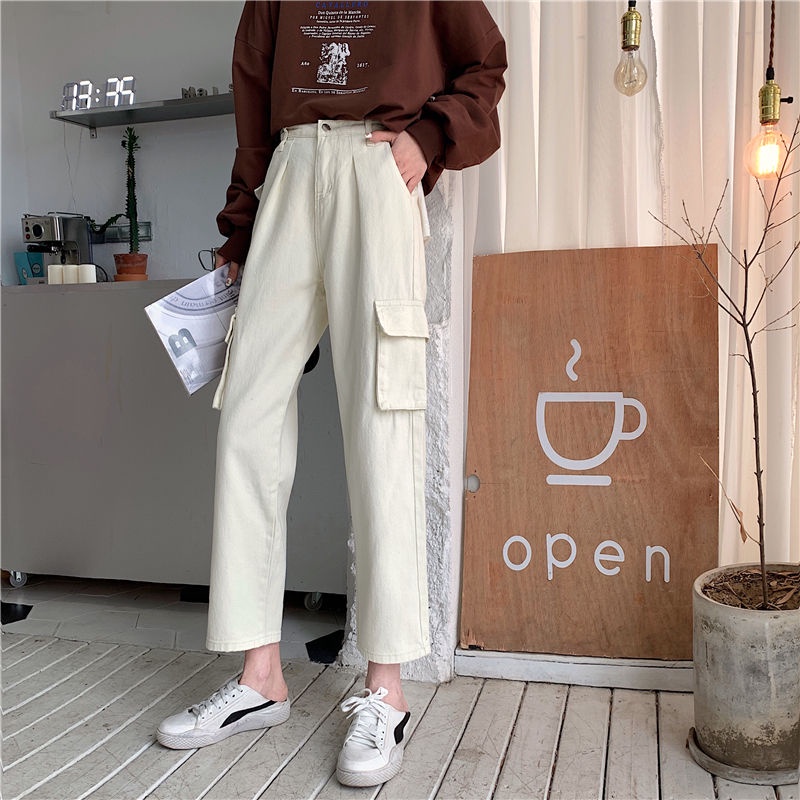 Import Highwaist Loose Boyfriend Cargo Jeans / Cargo Jeans Krem / Hitam