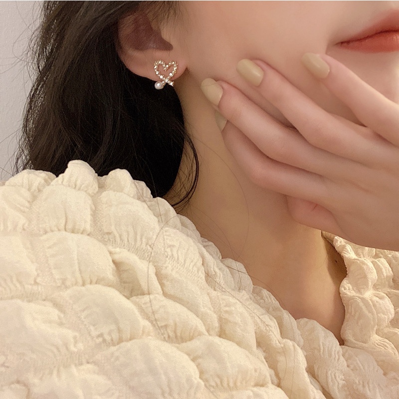 Roselife Anting Tusuk Gantung Wanita Desain Hati Hollow Hias Zircon + Mutiara Gaya Korea Untuk Hadiah