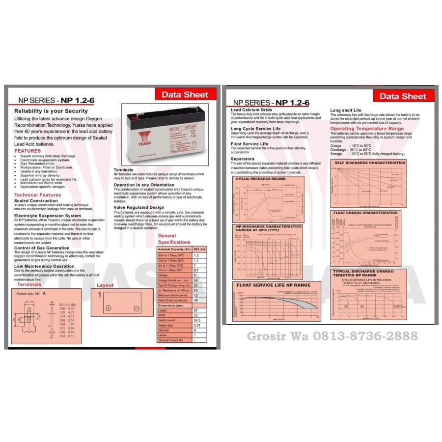 Battery Yuasa NP1.2-6 6V 1,2Ah, Yuasa 6V 1.2AH, Baterai Yuasa 6V 1.2Ah