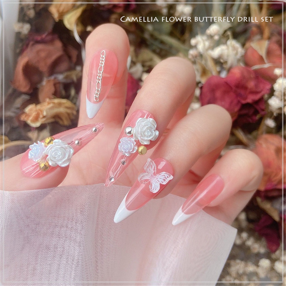 Aksesoris Kuku 3D Desain Camellia Butterfly Pearl Untuk Dekorasi Manicure Wanita