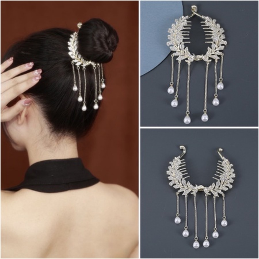 Aksesoris Jepit Rambut Ponytail Bahan Metal Aksen Mutiara Dan Berlian Imitasi Gaya Korea Untuk Wanita