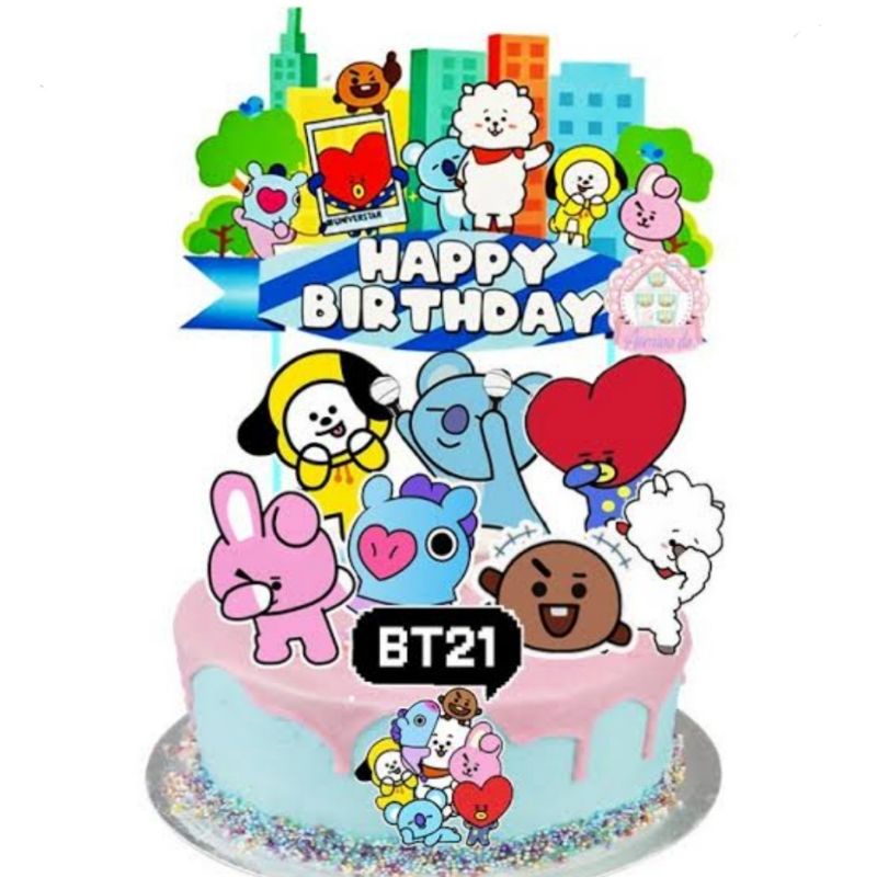 Cake Topper BT 21 hiasan kue Happy Birthday dekorasi kue cake Topper kue ulang tahun BT 21