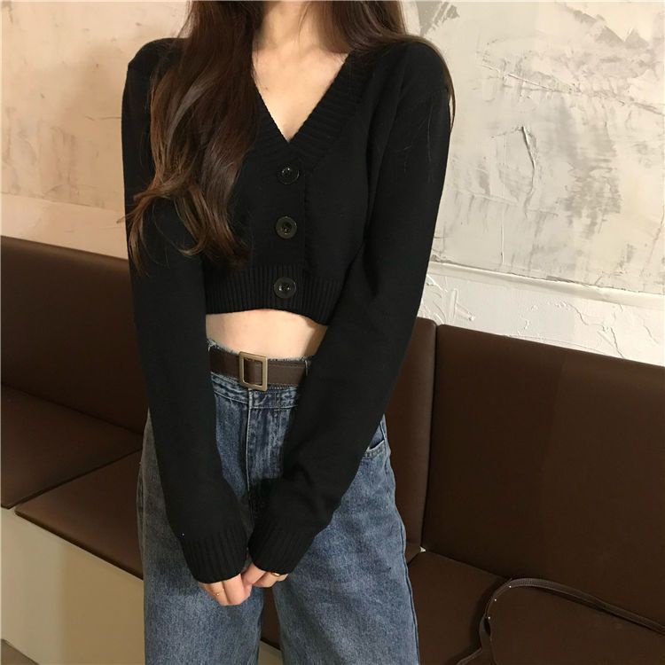 V-neck kardigan rajutan mantel pendek lengan panjang wanita 2022 musim semi dan musim gugur versi Korea baru dari atasan single-breasted pusar berpinggang tinggi