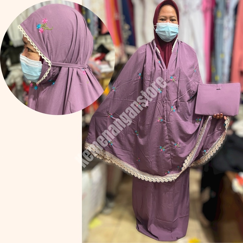 Mukena Dewasa 2 in 1 Travel Rayon Bordir Melati Renda Cantik Ainun Cinta Alesha / Telekung Dewasa 2 