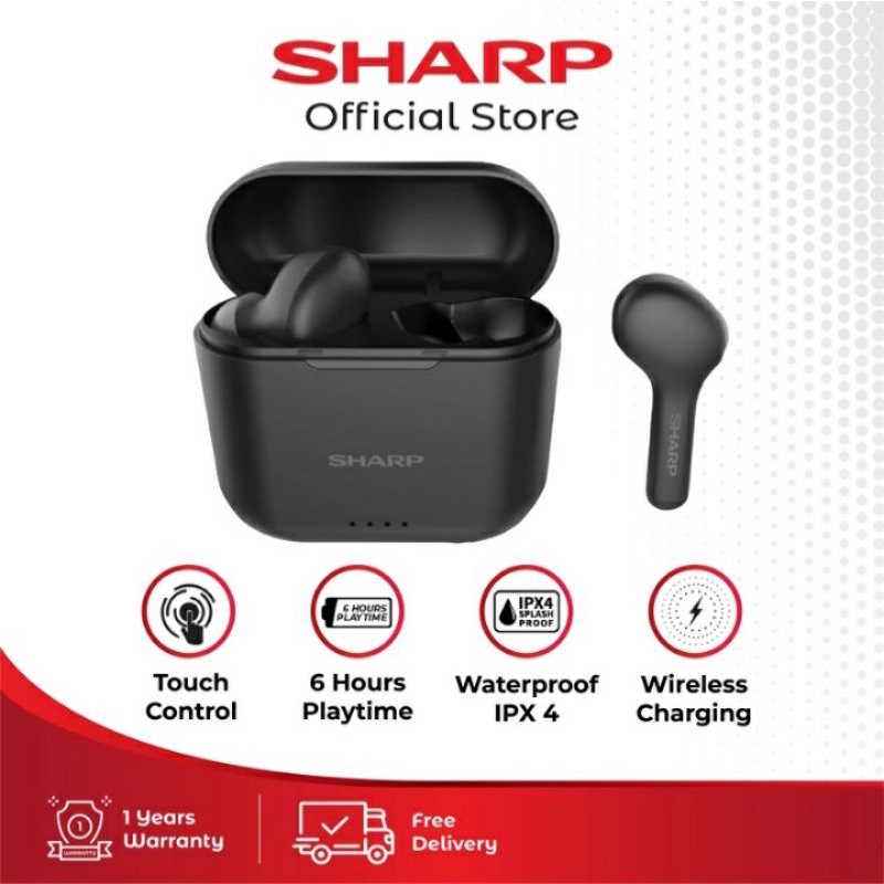 SHARP Earphone TWS HP-TW10 IPX4 Wireless Charging - Hitam
