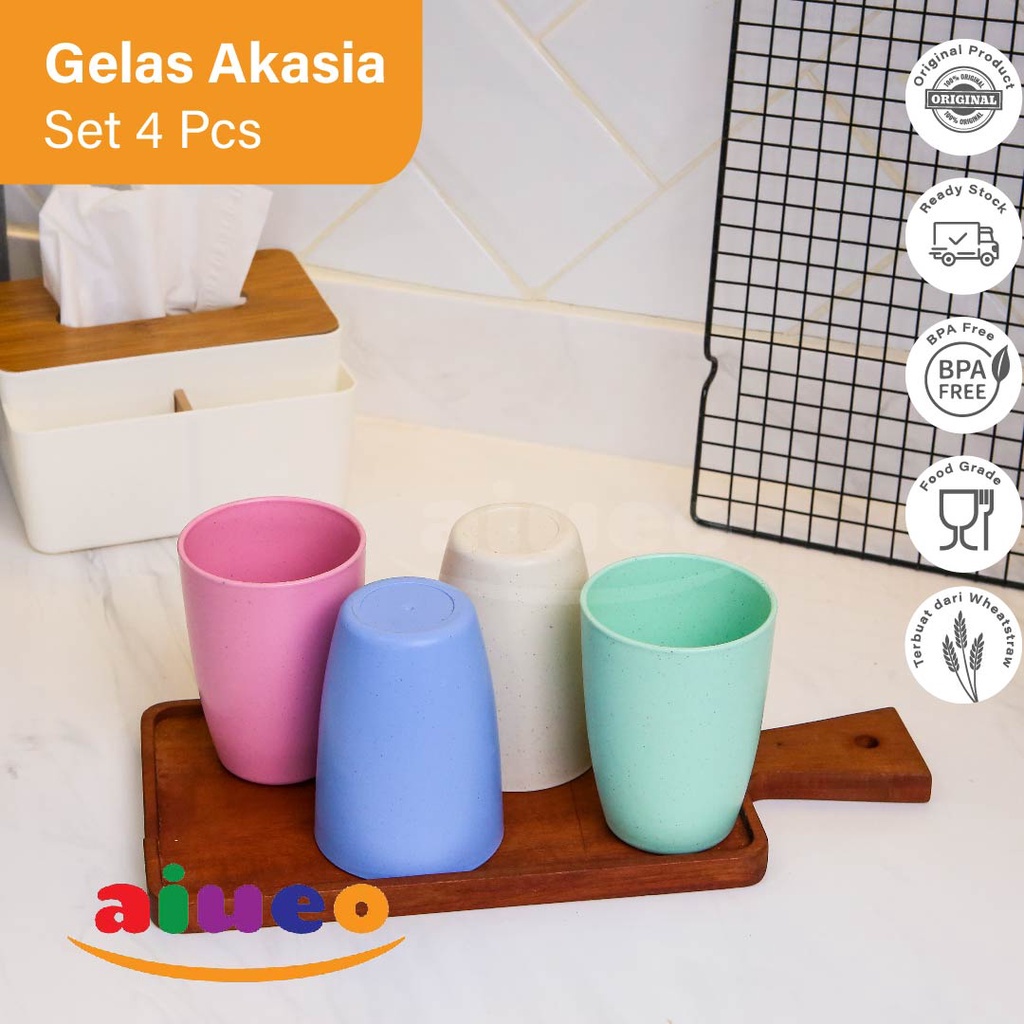 AIUEO Gelas Teh 11 cm Wheatstraw Cangkir Plastik Cup Gelas Susu Gelas Warna Warni Biru Pink Krem Hijau Ungu Pastel