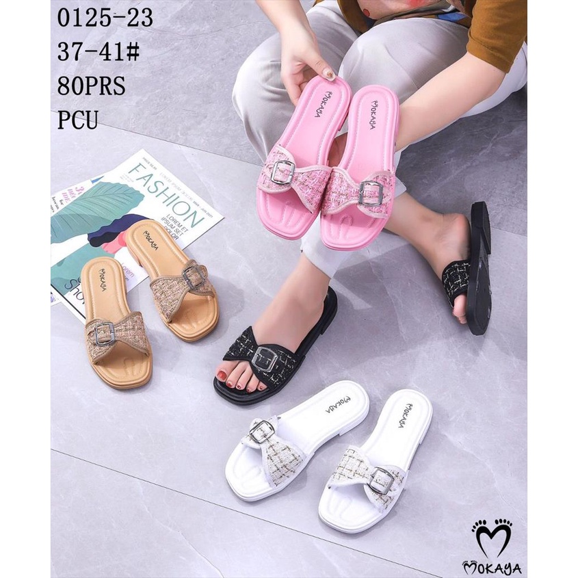 Sandal Slop Wanita Slip On Ban Motif Kain Knit Gesper Bisa Ukur Super Cantik Mewah Elegant Kekinian Import Mokaya / Size 37-41 (0125-23)