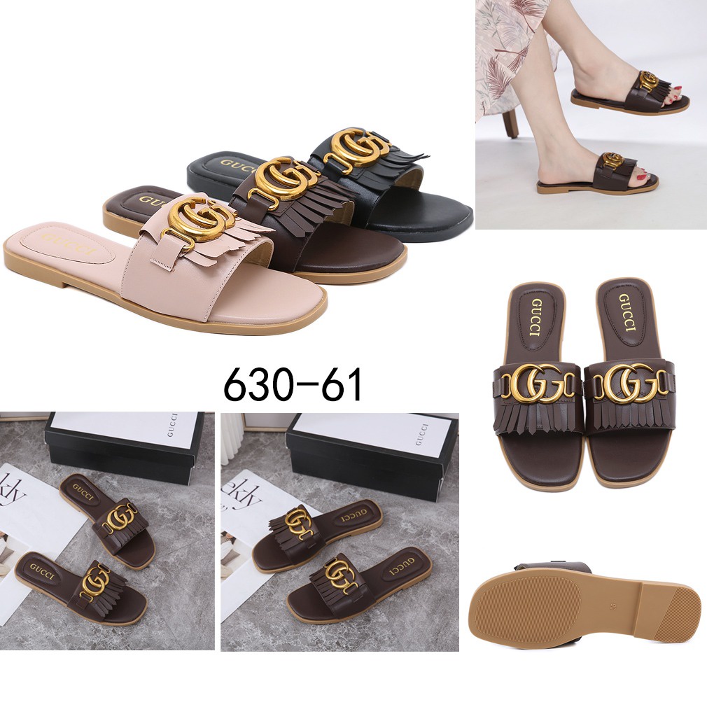 GC Fringe Leather Double-G Slide Sandals 630-61