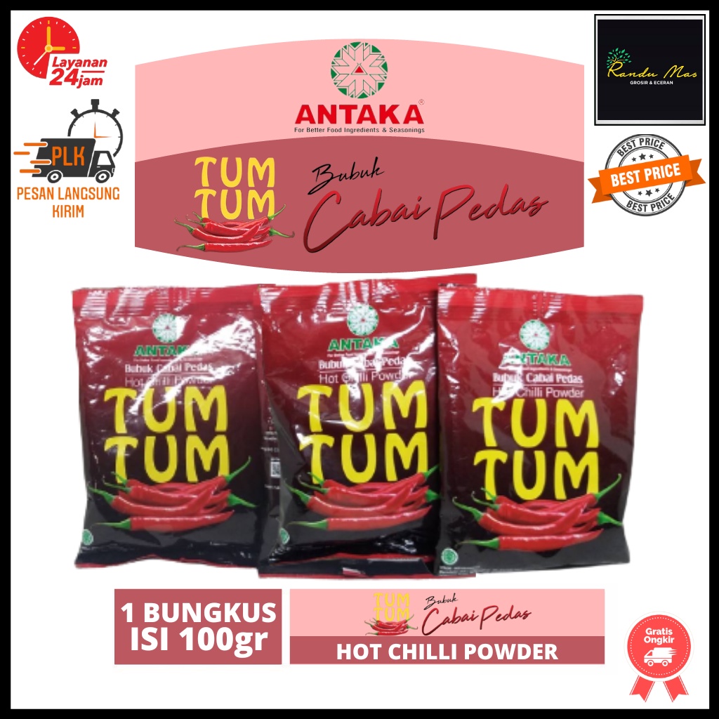 Antaka Tum Tum Bubuk Cabai Halus Kering Pedas Hot Chilli Powder 100gr Halal Berkualitas