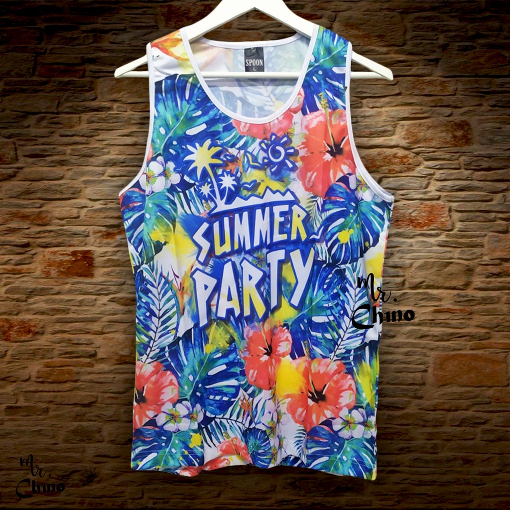 Kaos Singlet Pria Motif Blue Tropical  | Tank Top Pria Dewasa Olahraga / Gym | Baju Kutang Cowok Rem