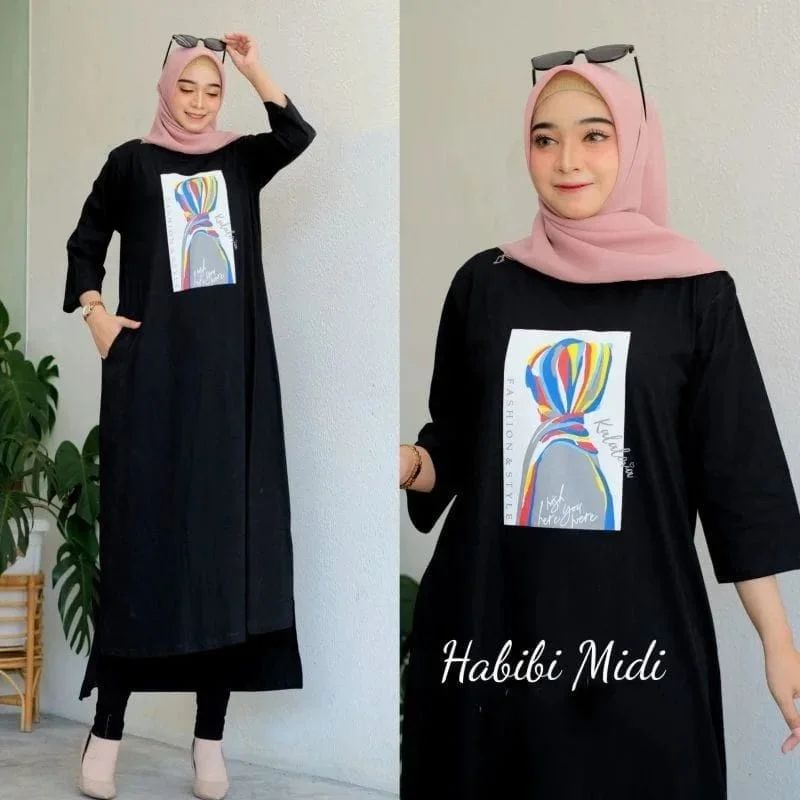 HABIBI MIDI DRESS BAHAN KAOS KATUN COMBED MOTIF POLOS  APLIKASI SABLON UKURAN M L XL DAN XXL BAJU MIDI DRESS WANITA TERBARU 2023 KEKINIAN / GAMIS MIDI DRESS KOREAN STYLE MUSLIM / LONG TUNIK WANITA JUMBO / KAOS WANITA LENGAN PANJANG